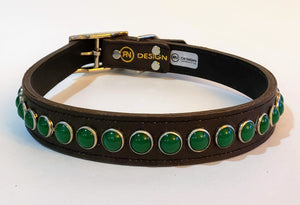 Black/Retro Green Cabachon Leather Dog Collar
