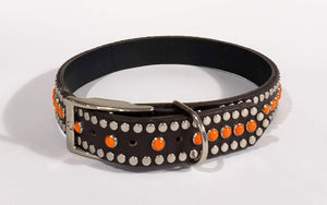Bear Chocolate/Retro Orange Cabachon/Silver Studded Leather Dog Collar