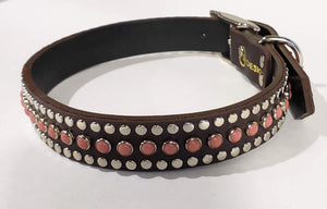 Bear Chocolate/Pink Moon Cabachon/Silver Studded Leather Dog Collar