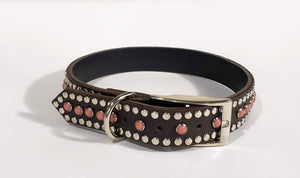 Bear Chocolate/Pink Moon Cabachon/Silver Studded Leather Dog Collar