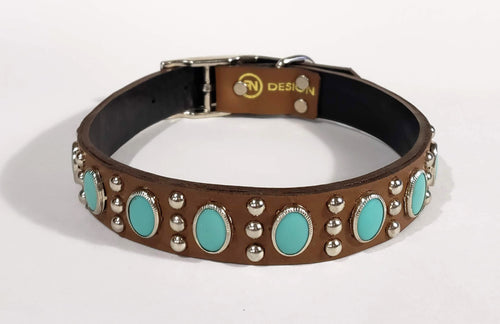 Chesnut/Turquoise Oval Cabachon/Silver Studded Leather Dog Collar