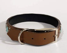 Load image into Gallery viewer, Chesnut/Turquoise Oval Cabachon/Silver Studded Leather Dog Collar