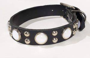 Black/Retro White Opal Cabachon/Silver Studded Leather Dog Collar