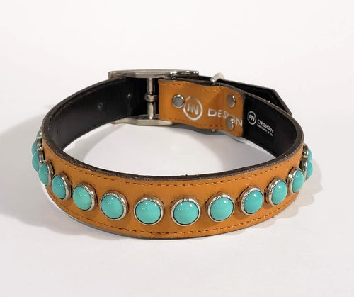 Chesnut/Turquoise Cabachon Leather Dog Collar