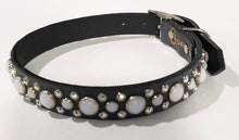 Load image into Gallery viewer, Black/Gray Crystals/White Opal Cabachon Leather Dog Collar