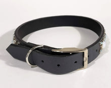 Load image into Gallery viewer, Black/Gray Crystals/White Opal Cabachon Leather Dog Collar