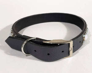 Black/Gray Crystals/White Opal Cabachon Leather Dog Collar