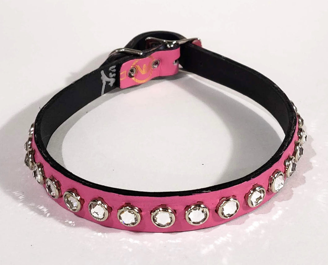 Pink/Clear Crystal Leather Dog Collar