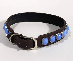 Black/Blue Moon Cabachon Leather Dog Collar