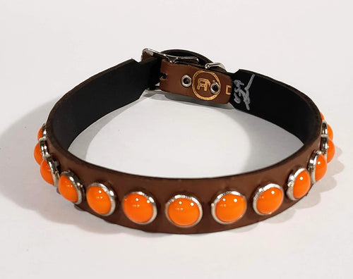 Chesnut/Retro Orange Cabachon Leather Dog Collar