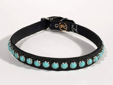 Load image into Gallery viewer, Black/Turquoise Cabachon Leather Dog Collar
