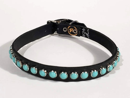 Black/Turquoise Cabachon Leather Dog Collar