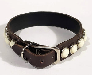 Chocolate/Ivory Cabachon Leather Dog Collar