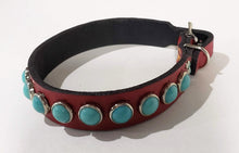 Load image into Gallery viewer, Red/Turquoise Cabachon Leather Dog Collar