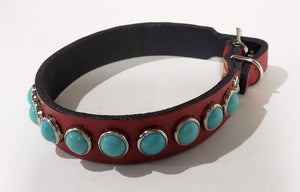 Red/Turquoise Cabachon Leather Dog Collar