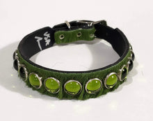 Load image into Gallery viewer, Olive Green Hair/Green Cabachon Leather Dog Collar
