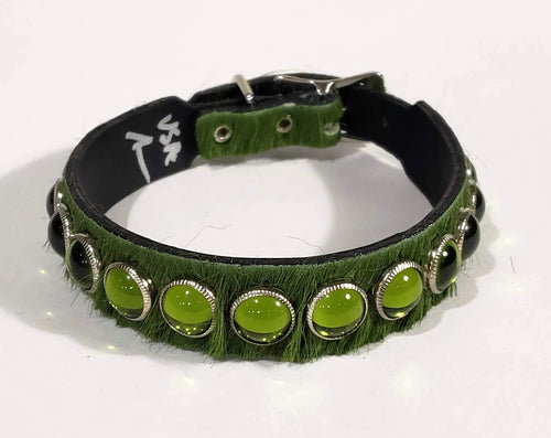 Olive Green Hair/Green Cabachon Leather Dog Collar