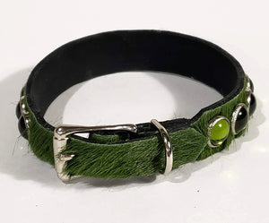 Olive Green Hair/Green Cabachon Leather Dog Collar