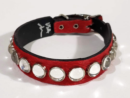 Red Hair/Clear Cabachon Leather Dog Collar