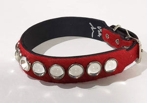 Red Hair/Clear Cabachon Leather Dog Collar