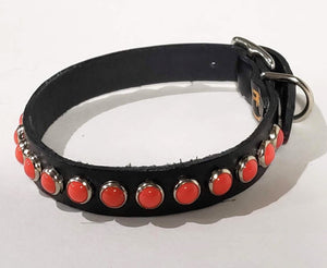 Black/Coral Cabachon Leather Dog Collar