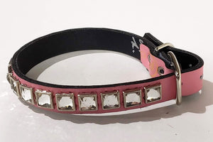 Powder Pink/Clear Crystal Leather Dog Collar
