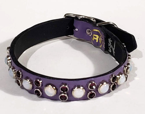Lavender/Purple Crystals/White Opal Cabachon Leather Dog Collar