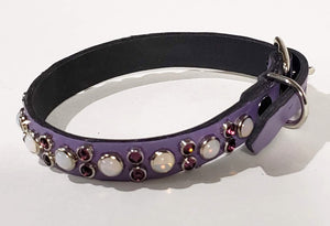 Lavender/Purple Crystals/White Opal Cabachon Leather Dog Collar